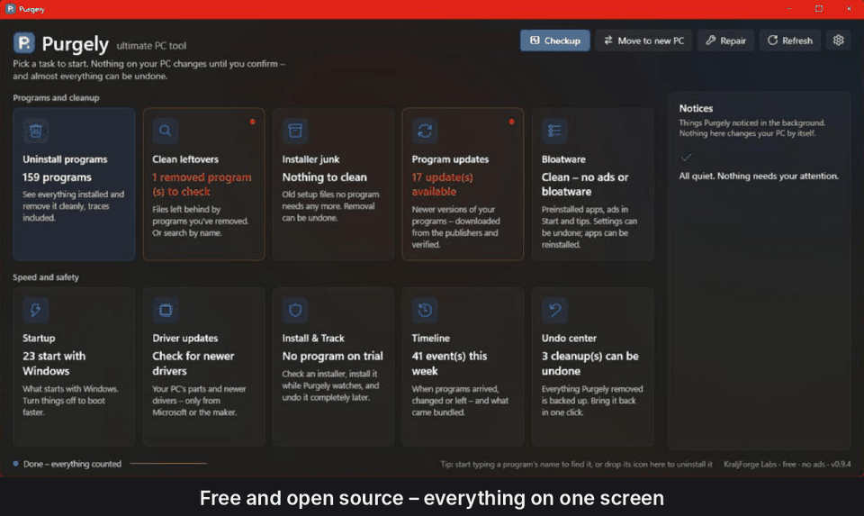 Purgely in action: the home screen, the program list, leftovers with explanations, bloatware, ads and the Undo center